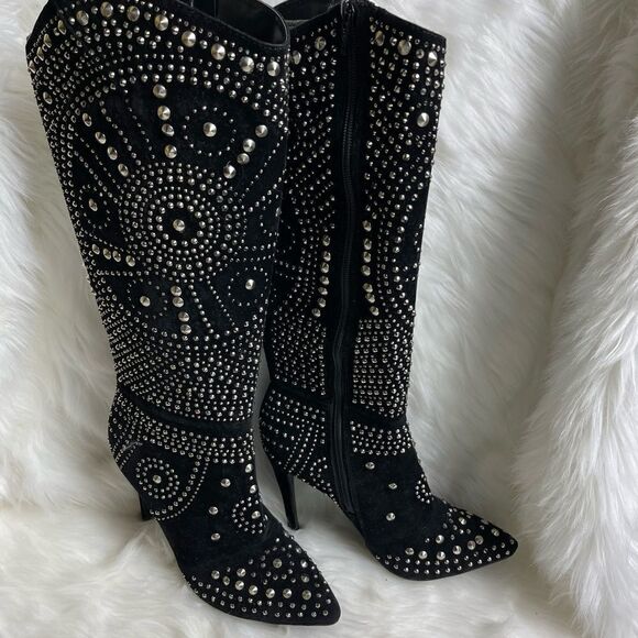 Lauren Lorraine LoLa black studded knee high heels pointed toe side zipp… - Picture 1 of 11